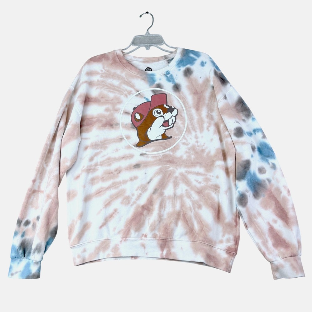 Buc-ee's MD Brown Blue Tie Dye Crewneck Sweatshirt Beaver Mascot Texas Travel